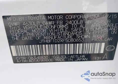 2015 Lexus Is 250 z USA, uszkodzony, nr VIN JTHBF1D2XF5080653